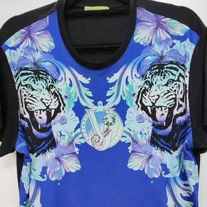 Versace Jeans Floral Tigers Black Blue T-shirt Men's Size Large